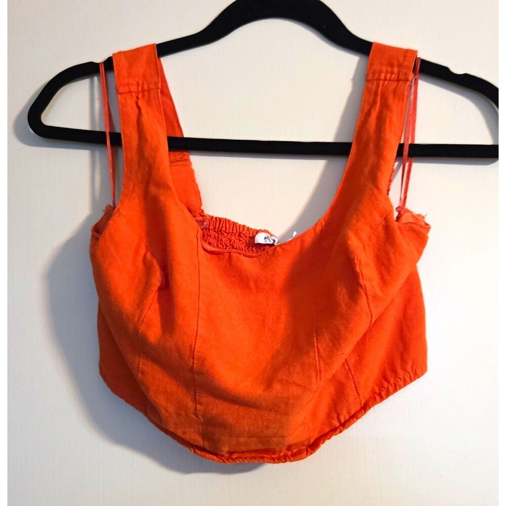 Midnight Sky Orange Solid Smocked Back Square Neck Wide Strap Crop Tank, M